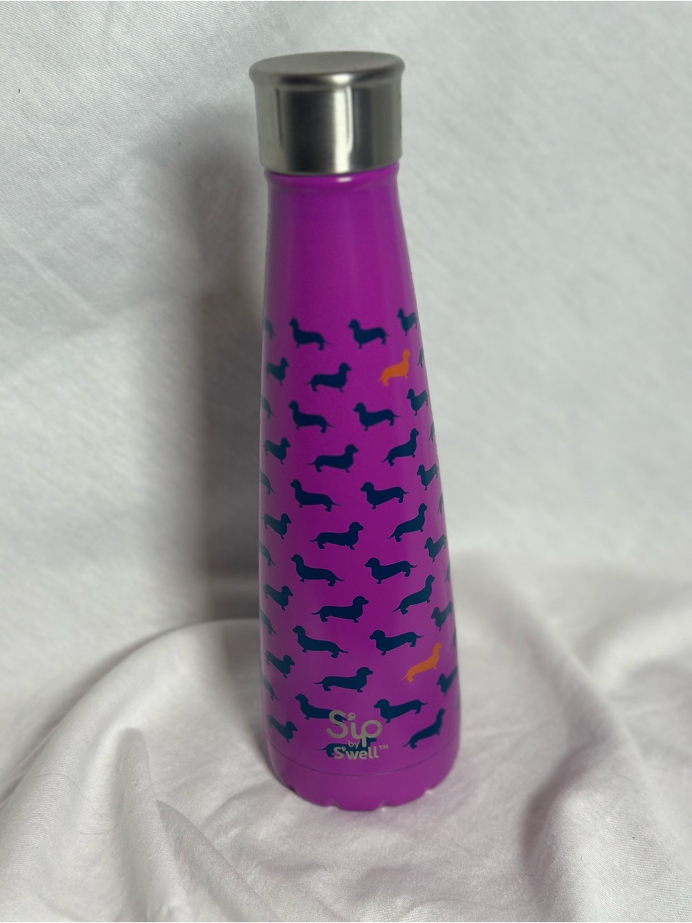 S'well Purple Bottle with Dachshund Pattern in Navy Blue and Orange NWOT